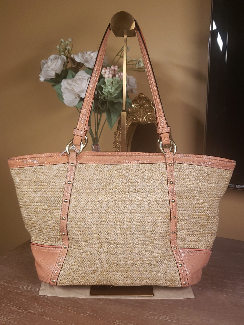 Coach Alexandra Straw Studded Tote Coral Leather w/ Flower Charm (Retail $398) - Picture 5 of 15